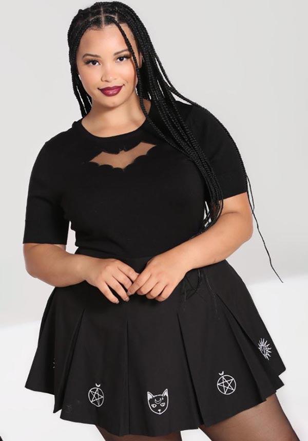 Dawn | MINI SKIRT - Beserk - all, all clothing, all ladies clothing, anime skirt, black, cat, cats, clickfrenzy15-2023, clothing, crescent moon, discountapp, flare skirt, fp, googleshopping, goth, gothic, HB200726, hell bunny, ladies clothing, ladies skirt, mini skirt, moon, moon phase, oct22, pentacle, pleated, plus size, popsoda, r281022, short skirt, skirt, skirts, sun, witchy, womens skirt, zip