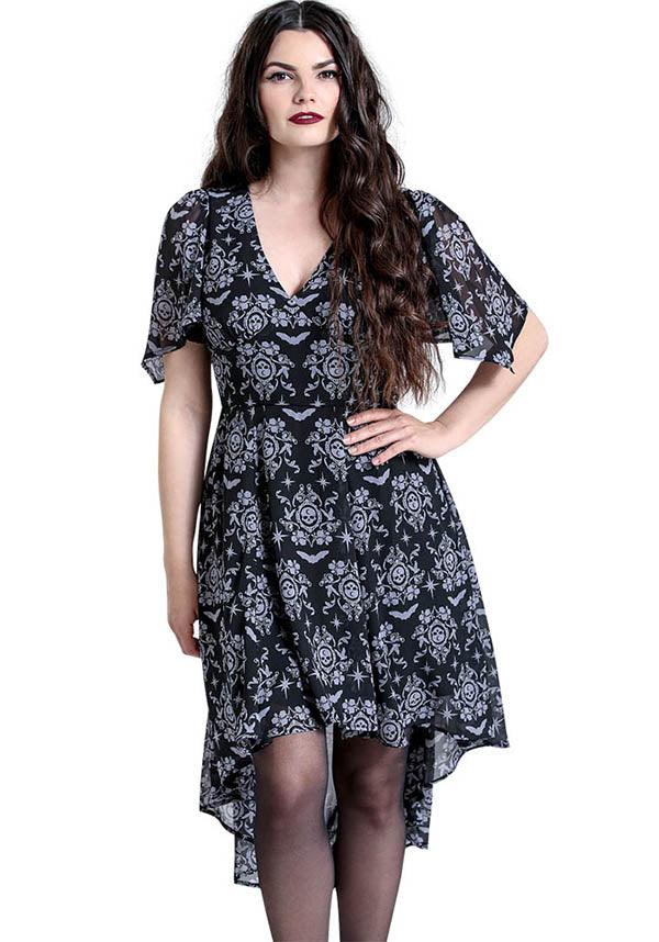 Lost Whispers | DRESS - Beserk - all, all clothing, all ladies, all ladies clothing, asymmetric, asymmetrical, black, christmas clothing, clickfrenzy15-2023, clothing, discountapp, dress, dressapril25, dresses, edgy, emo, fishtail, flowing, flowy, fp, girls dress, girls dresses, goth, gothic, HB14000000959, hell bunny, knee length dress, ladies, ladies clothing, ladies dress, ladies dresses, mullet, oct21, R121021, short sleeved dress, skull, womens dress, womens dresses