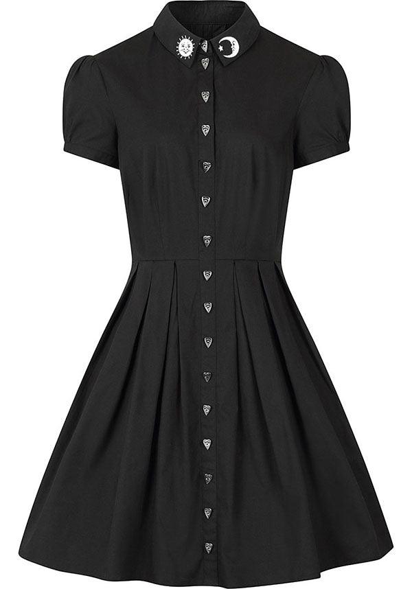 Samara | DRESS - Beserk - all, all clothing, all ladies, all ladies clothing, aug20, black, black and white, clickfrenzy15-2023, clothing, collared dress, discountapp, dress, dressapril25, dresses, edgy, emo, fp, goth, gothic, halloween, halloween clothing, hell-bunny, ladies, ladies clothing, ladies dress, ladies dresses, moon, office clothing, ouija, planchette, plus size, popsoda, shirt dress, short sleeved dress, skater dress, sun, witch, witches, witchy, women, womens dress, womens dresses