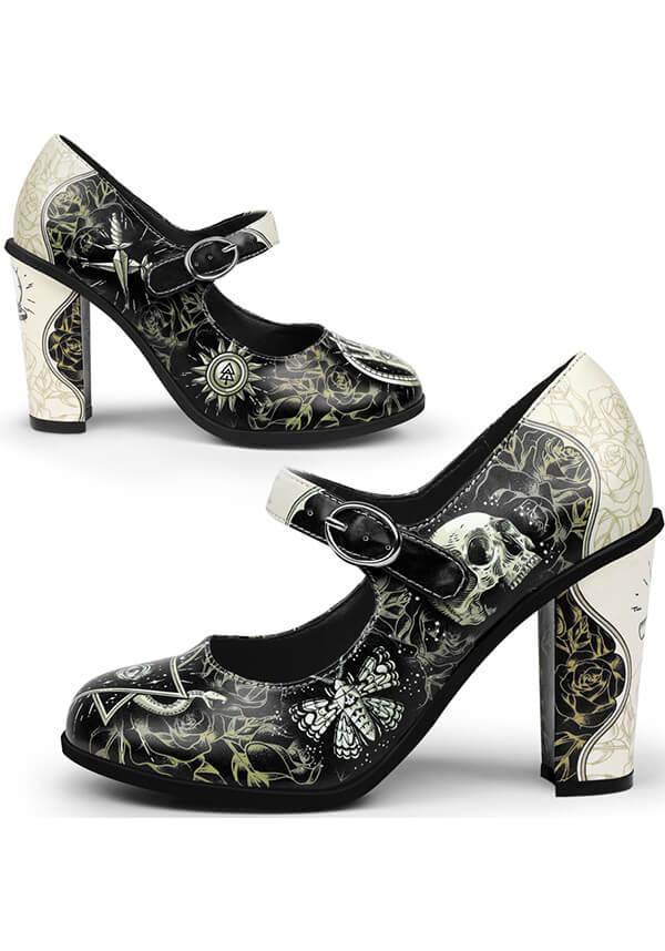 Esoteric | HIGH HEELS* - Beserk - all, black, christmas clothing, clickfrenzy15-2023, cpgstinc, dec19, discountapp, edgy, eofy2023, eofy2023thur22-20, goth, gothic, halloween, heels, heels [in stock], hot chocolate, in stock, instock, labelinstock, labelvegan, ladies, lolita, sale, shoes, skull, skulls, vegan, white, witch, witches
