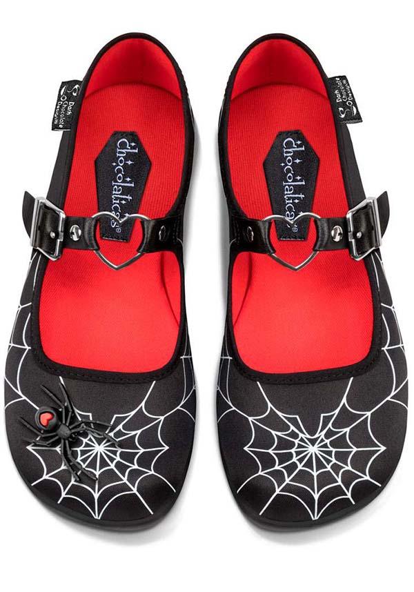 Widow Heart | FLATS - Beserk - all, all ladies, black, black and white, cpgstinc, discountapp, flats [in stock], fp, googleshopping, goth, gothic, HC6955, heart, heart shape, hot chocolate, in stock, instock, jun23, labelinstock, labelnew, labelvegan, ladies, ladies shoes, love heart, mary jane, mary janes, metal heart, poppingcandy, punk, R040623, red and black, shoe, shoes, spider, spider web, spiderweb, spiderwebs, spooky, vegan, web, webbed, webbing, webs, witchy