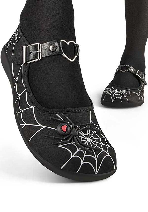 Widow Heart | FLATS - Beserk - all, all ladies, black, black and white, cpgstinc, discountapp, flats [in stock], fp, googleshopping, goth, gothic, HC6955, heart, heart shape, hot chocolate, in stock, instock, jun23, labelinstock, labelnew, labelvegan, ladies, ladies shoes, love heart, mary jane, mary janes, metal heart, poppingcandy, punk, R040623, red and black, shoe, shoes, spider, spider web, spiderweb, spiderwebs, spooky, vegan, web, webbed, webbing, webs, witchy