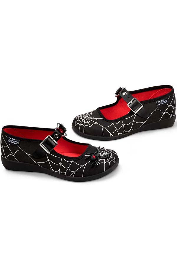 Widow Heart | FLATS - Beserk - all, all ladies, black, black and white, cpgstinc, discountapp, flats [in stock], fp, googleshopping, goth, gothic, HC6955, heart, heart shape, hot chocolate, in stock, instock, jun23, labelinstock, labelnew, labelvegan, ladies, ladies shoes, love heart, mary jane, mary janes, metal heart, poppingcandy, punk, R040623, red and black, shoe, shoes, spider, spider web, spiderweb, spiderwebs, spooky, vegan, web, webbed, webbing, webs, witchy