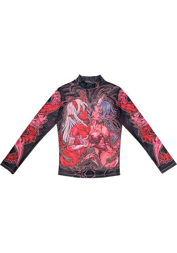 Acid Onis | SHEER TOP - Beserk - all, all clothing, all ladies clothing, anime, anime and manga, clickfrenzy15-2023, clothing, demon, demons, discountapp, exclusive, fp, girls top, googleshopping, IC030822, japan, japanese, labelexclusive, ladies clothing, ladies top, long sleeve, long sleeve top, long sleeved, long sleeves, long top, mesh, r040922, red, red and black, see through, sep22, Sept, sexy, sheer, tees and tops, top, tops, tshirts and tops, womens top