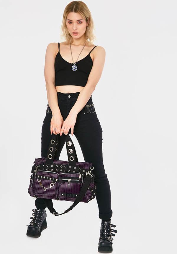 Handcuffs Purple Striped | BAG - Beserk - accessories, all, bag, big bag, black, clickfrenzy15-2023, diaper bag, discountapp, fp, goth, gothic, gothic accessories, gothic bag, hand bag, handbag, handbags and purses, handcuff, jawbreaker, ladies accessories, large bag, oct20, one direction, purple, R251020, repriced241122, stripe, striped, stripes, stripey, stud, studded, studs