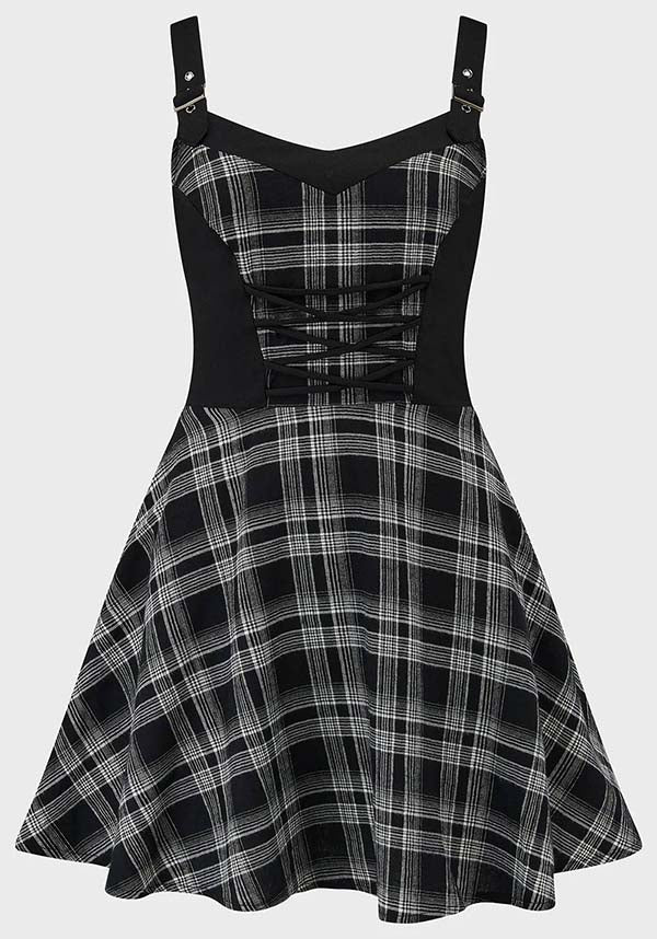Black and white plaid dress with a corset-style bodice on a light gray background