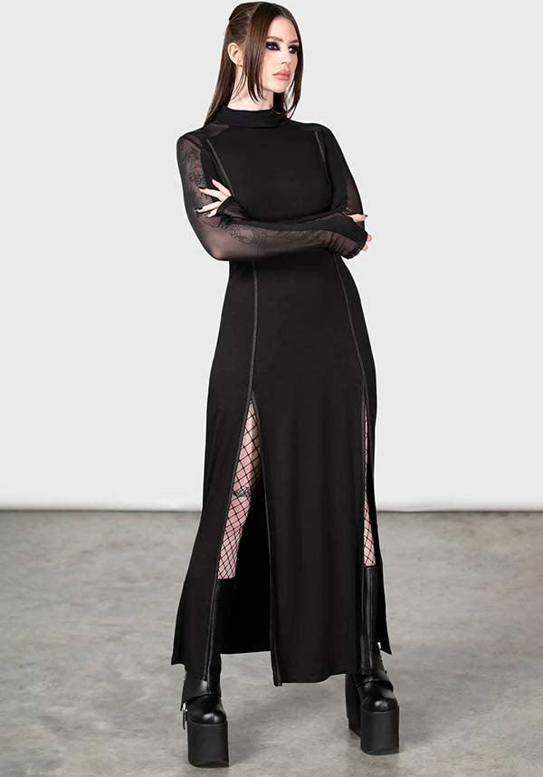 Chalcedony | MAXI DRESS - Beserk - all, all clothing, all ladies, all ladies clothing, black, clothing, discountapp, dress, dresses, fitted, fp, googleshopping, goth, gothic, high neck, jun23, kill star, killstar, KS1115682, labelnew, ladies, ladies clothing, ladies dress, ladies dresses, leg slit, leg slits, long dress, long sleeved dress, mask, maxi dress, mesh, plus, plus size, post apocalyptic, R110623, sheer, sheer sleeves, slits, stretch, thumbholes, witchy, women, womens, womens dress, womens dresses