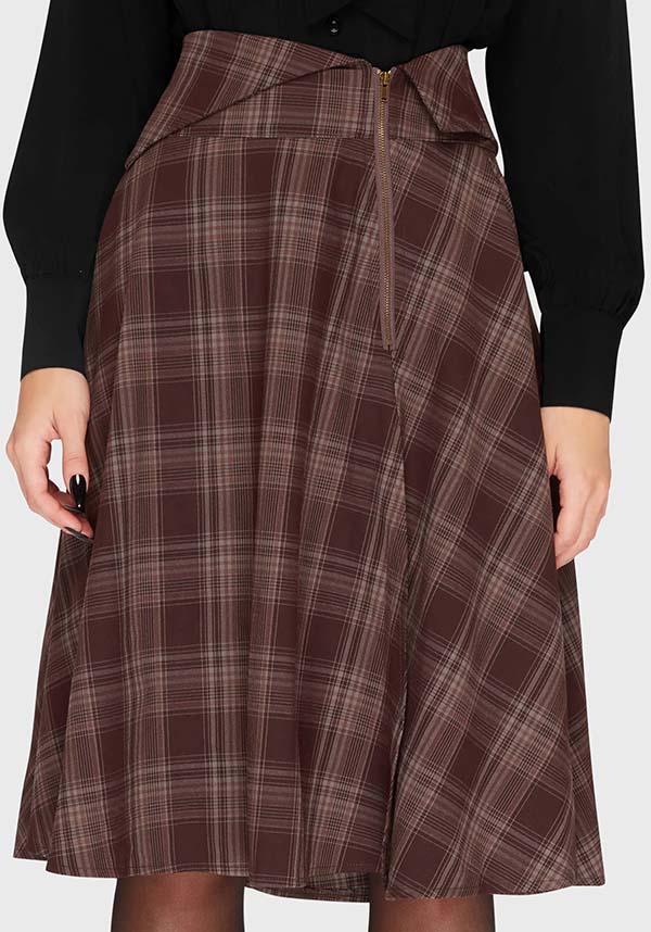 KILLSTAR Morning Meadow [Brown Tartan] | MIDI SKIRT - SKIRTS - Front View