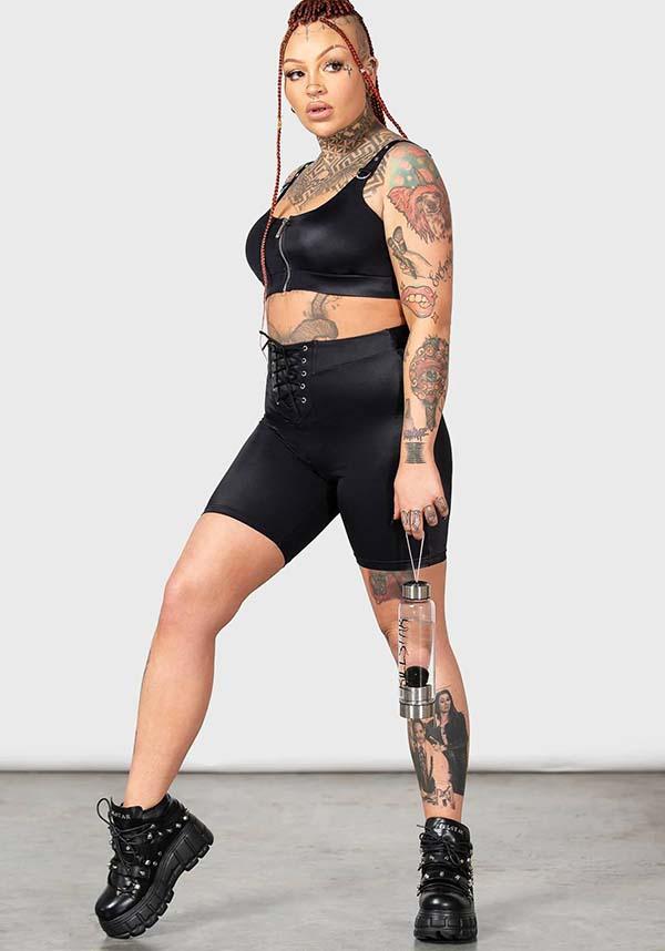 Race Rapture | BIKE SHORTS - Beserk - active, active wear, activewear, all, all clothing, all ladies, all ladies clothing, bike shorts, black, clothing, corset, discountapp, fp, googleshopping, goth, goth summer clothing, gothic, gym, health, kill star, killstar, KS1103865, lace up, ladies, ladies clothing, ladies pants + shorts, ladies pants and shorts, may23, R180523, shorts, summer clothing, summer goth, tie up, women, womens