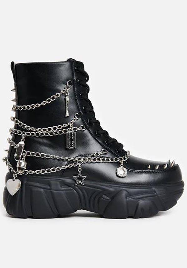 Boned Catch Black Mystic Charm | BOOTS - Beserk - all, black, boots, boots [in stock], combat boots, cyber, discountapp, footwear, fp, googleshopping, goth, gothic, grunge, in stock, koi, koi footwear, KOIB035, labelvegan, ladies shoes, may23, platforms [in stock], punk, R140523, shoe, shoes, spiked shoe, techwear, vegan