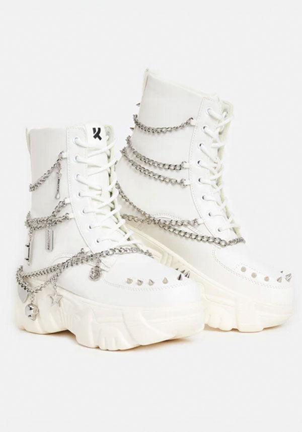 Boned Catch [White] Mystic Charm | BOOTS - Beserk - all, boots, boots [in stock], combat boots, cyber, discountapp, footwear, fp, googleshopping, grunge, in stock, koi, koi footwear, labelnew, labelvegan, ladies shoes, may23, platforms [in stock], punk, R140523, R240523, shoe, shoes, spiked shoe, vegan, white