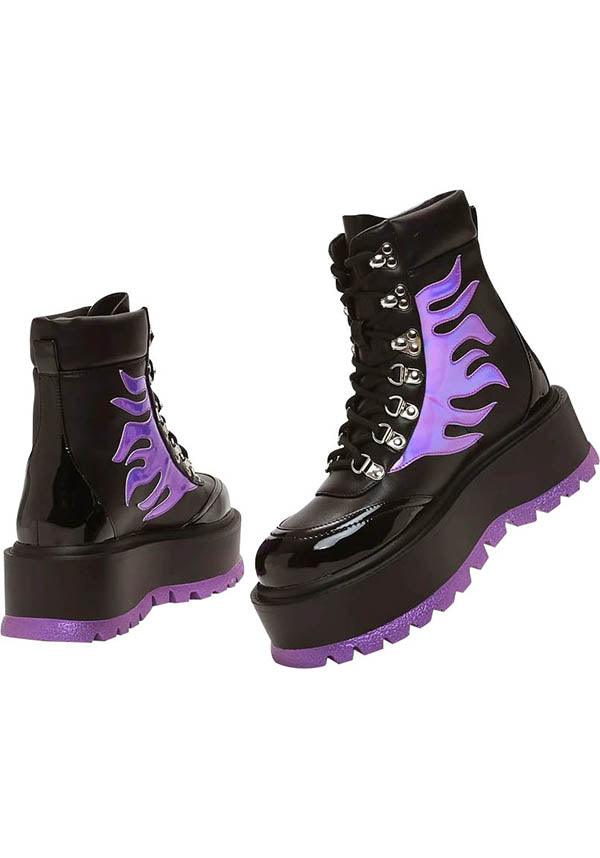 Helios [Purple Hologram Flame] | BOOTS` - Beserk - all, all ladies, ankle boots, black, boots, boots [in stock], clickfrenzy15-2023, discountapp, flame, flames, fp, goth, gothic, in stock, instock, koi footwear, KOI3608, labelinstock, labelpending, labelvegan, ladies, nov21, pending, platform boots, platforms, platforms [in stock], purple, R211121, shoes, vegan