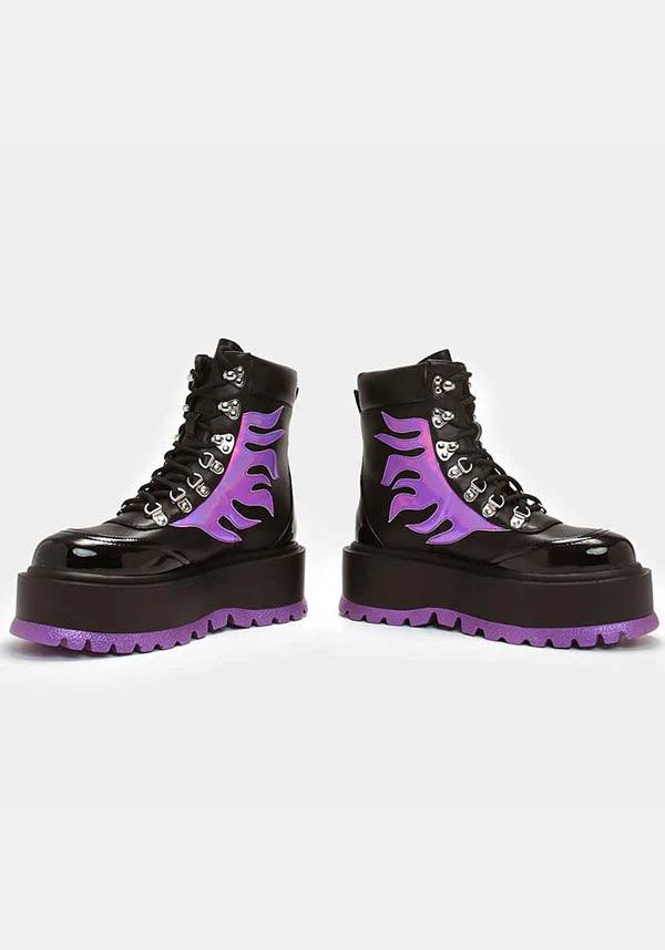 Helios [Purple Hologram Flame] | BOOTS` - Beserk - all, all ladies, ankle boots, black, boots, boots [in stock], clickfrenzy15-2023, discountapp, flame, flames, fp, goth, gothic, in stock, instock, koi footwear, KOI3608, labelinstock, labelpending, labelvegan, ladies, nov21, pending, platform boots, platforms, platforms [in stock], purple, R211121, shoes, vegan