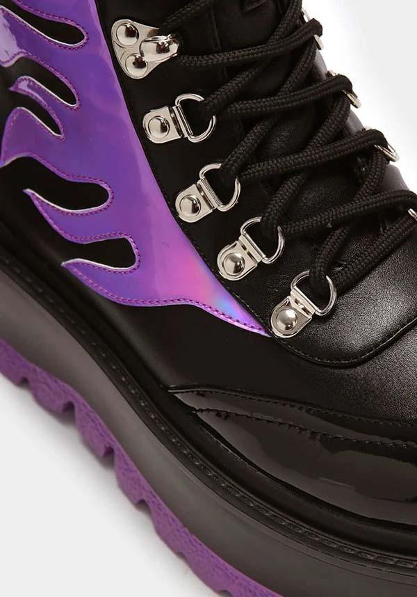Helios [Purple Hologram Flame] | BOOTS` - Beserk - all, all ladies, ankle boots, black, boots, boots [in stock], clickfrenzy15-2023, discountapp, flame, flames, fp, goth, gothic, in stock, instock, koi footwear, KOI3608, labelinstock, labelpending, labelvegan, ladies, nov21, pending, platform boots, platforms, platforms [in stock], purple, R211121, shoes, vegan