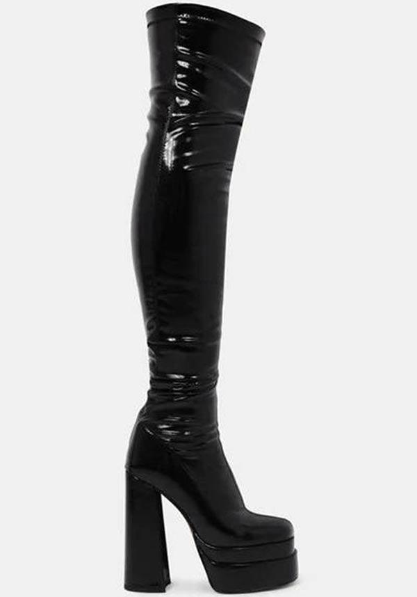 The Redemption [Black Patent Stretch] | THIGH HIGH BOOTS - Beserk - all, black, boots, boots [in stock], clickfrenzy15-2023, cyber, discountapp, feb23, festival, fetish, fp, googleshopping, goth, gothic, heeled boots, in stock, instock, kink, kinky, koi footwear, KOI1920367736, labelinstock, labelvegan, ladies shoes, long boots, patent, platform, platform boots, platforms, platforms [in stock], R070223, shiny, shoe, shoes, stretch, thigh high, thigh high boots, vegan, zip