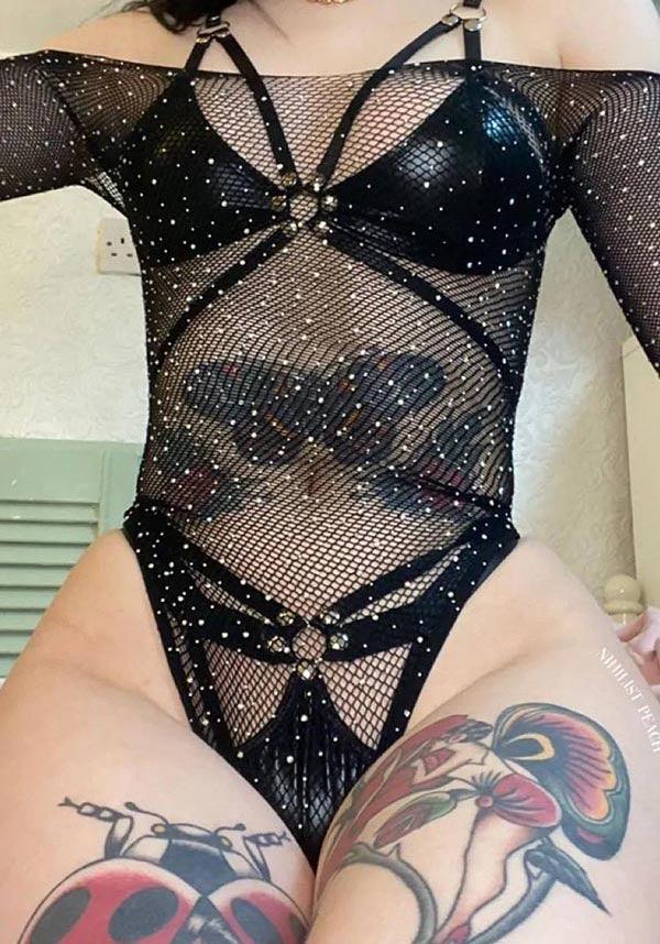 Falling 4 U Rhinestone | BODYSUIT^ - Beserk - all, all clothing, all ladies, all ladies clothing, backorder, black, bodysuit, clickfrenzy15-2023, clothing, cpgstinc, dec21, diamante, diamond, diamond glitter, diamonds, diamonte, discountapp, fetish, fp, kink, kinky, ladies, ladies clothing, lingerie, off the shoulder, plus, plus size, R071221, see through, sexy, sheer, shimmer, tomfoolery, TOMORD112224