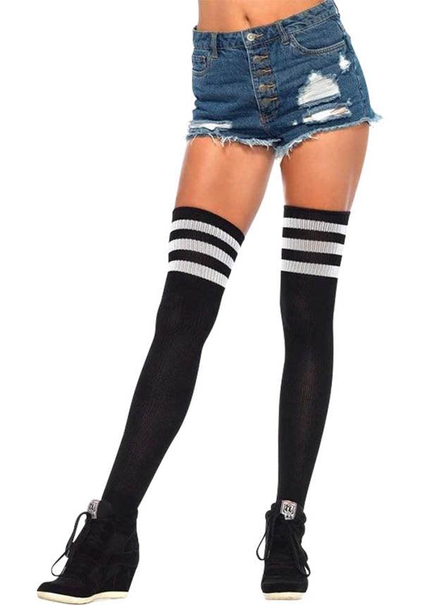 Gina Athletic [Black/White] | THIGH HIGH STOCKINGS - Beserk - all, all clothing, all ladies, all ladies clothing, aug21, black, black and white, clickfrenzy15-2023, clothing, cpgstinc, discountapp, egirl, egirleboy, fp, hosiery and socks, knee high socks, LA316866, ladies, ladies accessories, ladies clothing, ladies socks, leg avenue, long socks, R150821, socks, stripe, striped, stripes, stripey, thigh high, tomfoolery, winter, winter clothing