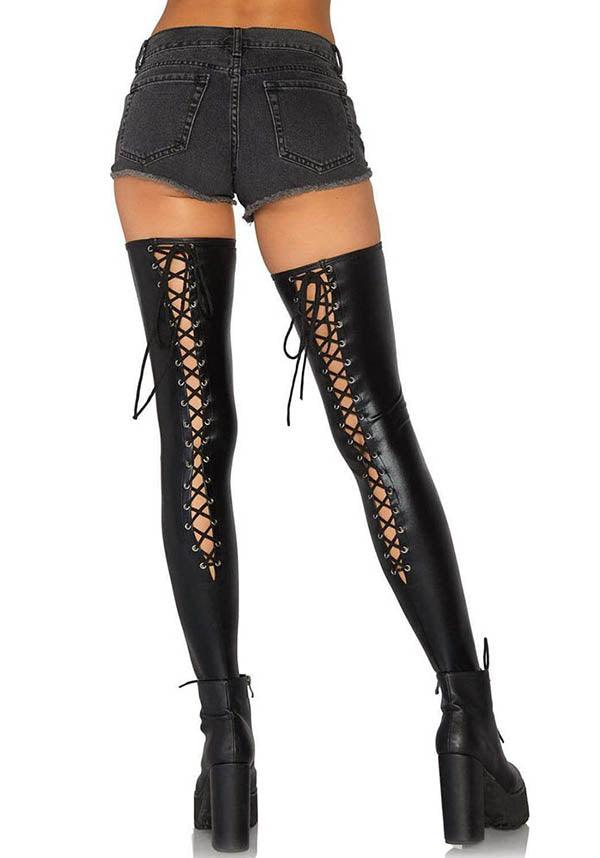 Maisie Wet Look | THIGH HIGHS - Beserk - all, all clothing, all ladies, all ladies clothing, black, clickfrenzy15-2023, clothing, costume, cpgstinc, discountapp, edgy, fp, goth, gothic, high socks, hosiery, hosiery and socks, lace up, ladies, ladies clothing, ladies socks, R140921, sep21, socks, thigh high, tomfoolery, TOMIN317007, wet look