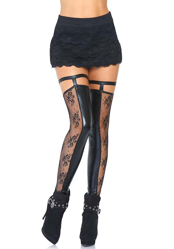 Wet Look & Lace Footless | GARTER THIGH HIGH