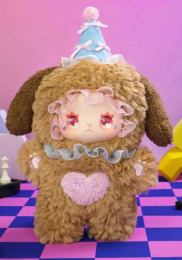 Plush toy with a heart on a checkered floor with pink and purple background