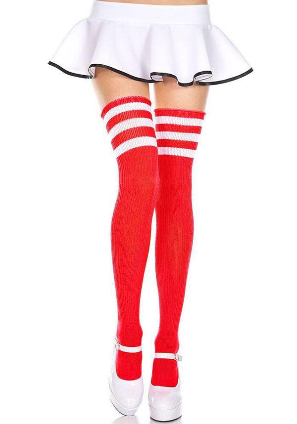 Athletic Striped [Red/White] | THIGH HIGHS - Beserk - all, all clothing, bravenkrazy, christmas clothing, clickfrenzy15-2023, cpgstinc, derby hosiery, discountapp, edgy, fp, hosiery, hosiery and socks, ladies, ladies clothing, long, long socks, may20, music legs, red, roller derby, rollerderby, socks, stripes, thigh high, white, winter, winter clothing, winter wear