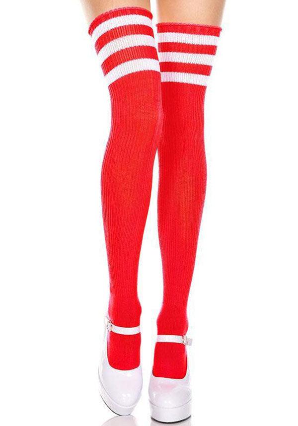 Athletic Striped [Red/White] | THIGH HIGHS - Beserk - all, all clothing, bravenkrazy, christmas clothing, clickfrenzy15-2023, cpgstinc, derby hosiery, discountapp, edgy, fp, hosiery, hosiery and socks, ladies, ladies clothing, long, long socks, may20, music legs, red, roller derby, rollerderby, socks, stripes, thigh high, white, winter, winter clothing, winter wear