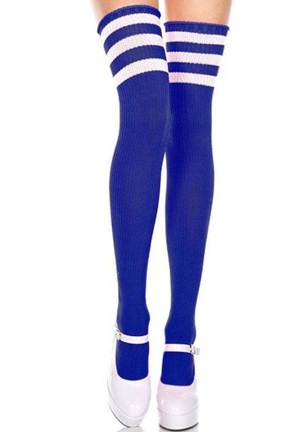 Athletic Striped [Royal Blue/White] | THIGH HIGHS - Beserk - all, all clothing, blue, bravenkrazy, clickfrenzy15-2023, cosplay, cpgstinc, derby hosiery, discountapp, edgy, fp, hosiery, hosiery and socks, ladies, ladies clothing, long, music legs, nautical, roller derby, rollerderby, sep20, socks, stripes, thigh high, winter, winter clothing, winter wear