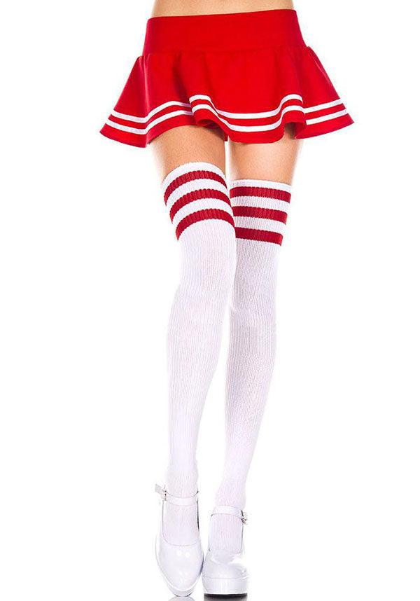 Athletic Striped [White/Red] | THIGH HIGHS - Beserk - all, all clothing, all ladies, all ladies clothing, bravenkrazy, christmas clothing, clickfrenzy15-2023, clothing, cosplay, cpgstinc, derby, derby hosiery, discountapp, edgy, fp, halloween, halloween clothing, halloween costume, high socks, hosiery, hosiery and socks, jun20, ladies, ladies clothing, long socks, music legs, red, roller derby, rollerderby, socks, thigh high, valentines, white, winter, winter clothing, winter wear, women