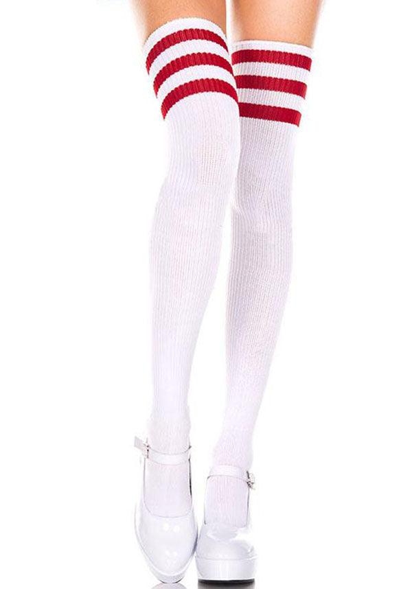 Athletic Striped [White/Red] | THIGH HIGHS - Beserk - all, all clothing, all ladies, all ladies clothing, bravenkrazy, christmas clothing, clickfrenzy15-2023, clothing, cosplay, cpgstinc, derby, derby hosiery, discountapp, edgy, fp, halloween, halloween clothing, halloween costume, high socks, hosiery, hosiery and socks, jun20, ladies, ladies clothing, long socks, music legs, red, roller derby, rollerderby, socks, thigh high, valentines, white, winter, winter clothing, winter wear, women