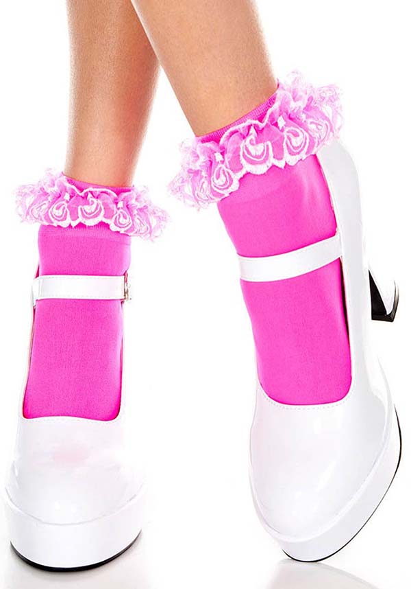Music Legs - Opaque Ruffle Lace Top Hot Pink Ankle Socks - Buy Online  Australia