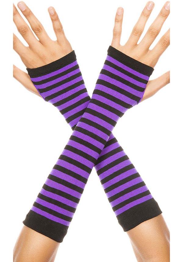 Opaque Striped [Black/Purple] | ARM WARMERS - Beserk - accessories, all, arm warmers, armwarmers, BNK5769, bravenkrazy, clickfrenzy15-2023, colour:purple, cpgstinc, discountapp, fp, gloves, gloves and armwarmers, googleshopping, gothic accessories, ladies accessories, punk, purple, R080922, sep22, Sept, stripe, striped, stripes, stripey, winter, winter clothing, winter wear