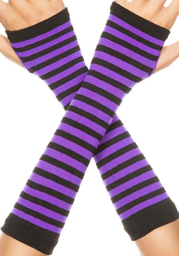 Opaque Striped [Black/Purple] | ARM WARMERS - Beserk - accessories, all, arm warmers, armwarmers, BNK5769, bravenkrazy, clickfrenzy15-2023, colour:purple, cpgstinc, discountapp, fp, gloves, gloves and armwarmers, googleshopping, gothic accessories, ladies accessories, punk, purple, R080922, sep22, Sept, stripe, striped, stripes, stripey, winter, winter clothing, winter wear