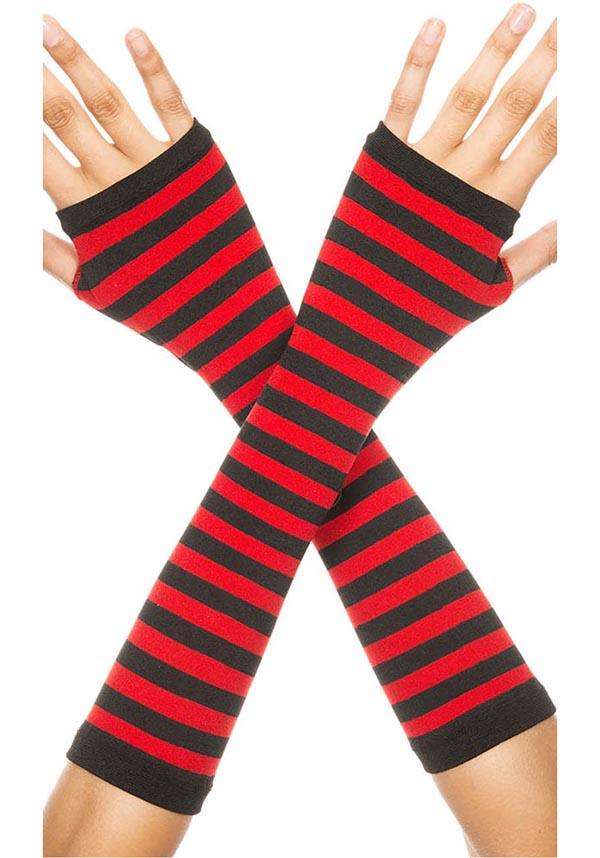 Opaque Striped [Black/Red] | ARM WARMERS^ - Beserk - accessories, all, arm warmers, armwarmers, backorder, black, BNK5769, bravenkrazy, clickfrenzy15-2023, cpgstinc, discountapp, fp, gloves, gloves and armwarmers, googleshopping, gothic accessories, ladies accessories, oct22, punk, R121022, red, stripe, striped, stripes, stripey