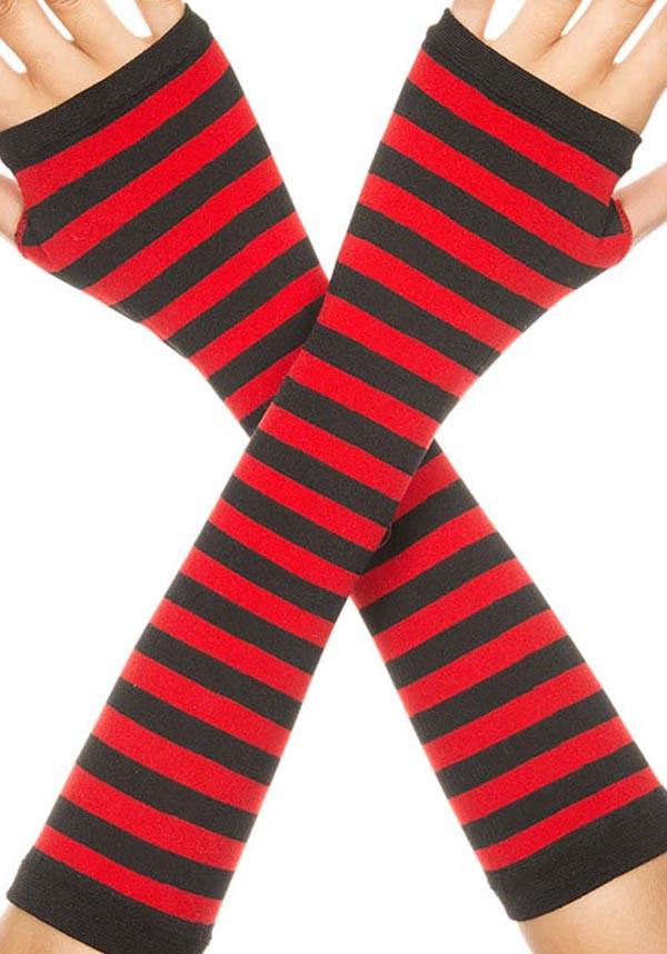 Opaque Striped [Black/Red] | ARM WARMERS^ - Beserk - accessories, all, arm warmers, armwarmers, backorder, black, BNK5769, bravenkrazy, clickfrenzy15-2023, cpgstinc, discountapp, fp, gloves, gloves and armwarmers, googleshopping, gothic accessories, ladies accessories, oct22, punk, R121022, red, stripe, striped, stripes, stripey