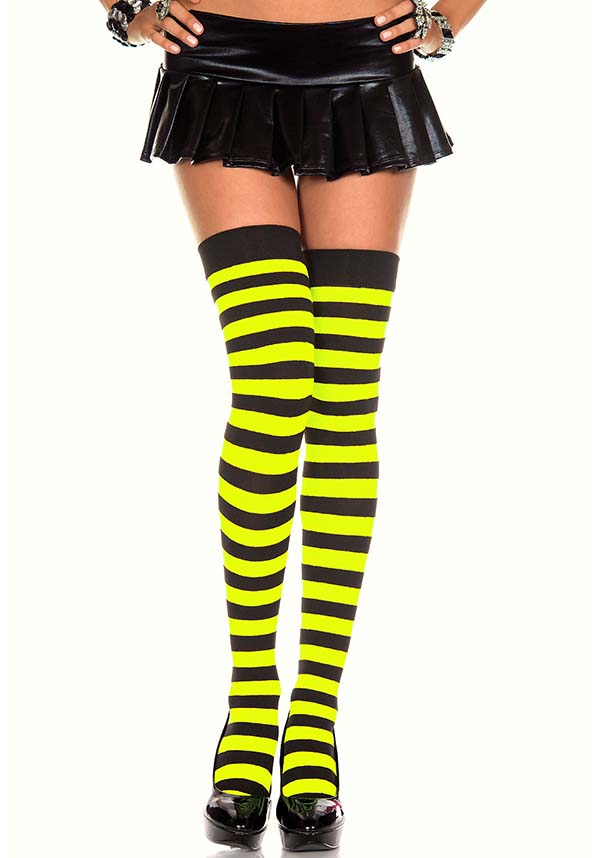 Opaque Wide Stripe [Blk/Neon Yellow] | THIGH HIGH