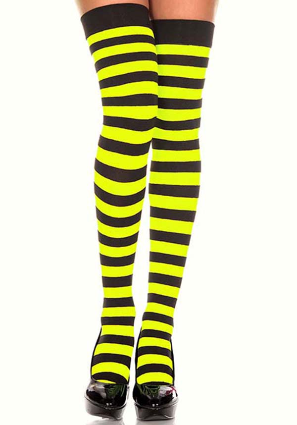 Opaque Wide Stripe [Blk/Neon Yellow] | THIGH HIGH
