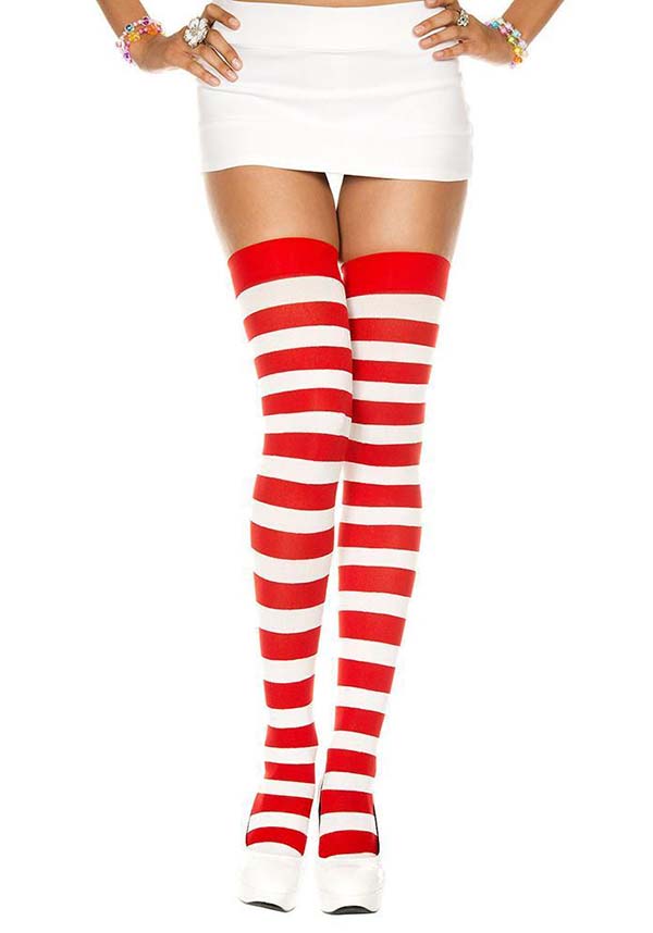 Opaque Wide Stripe [Red/White] | THIGH HIGH