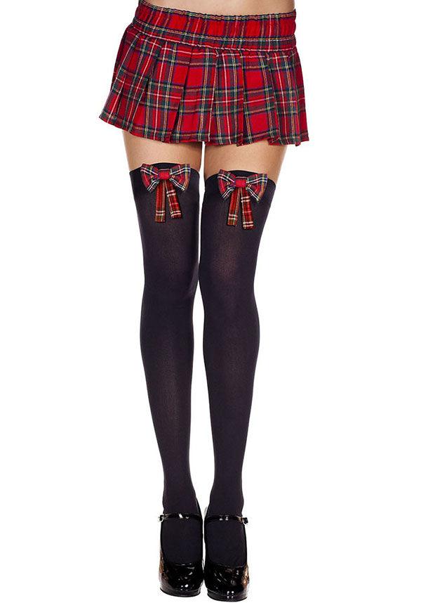 Plaid Bow [Black] | THIGH HIGHS - Beserk - all, all clothing, all ladies, all ladies clothing, black, bravenkrazy, burlesque, checkered, clickfrenzy15-2023, cosplay, cpgstinc, discountapp, fp, halloween, halloween costume, hosiery, hosiery and socks, jun20, ladies, lingerie, plaid, red, red and black, rock, sexy, stockings, tartan, thigh high, women