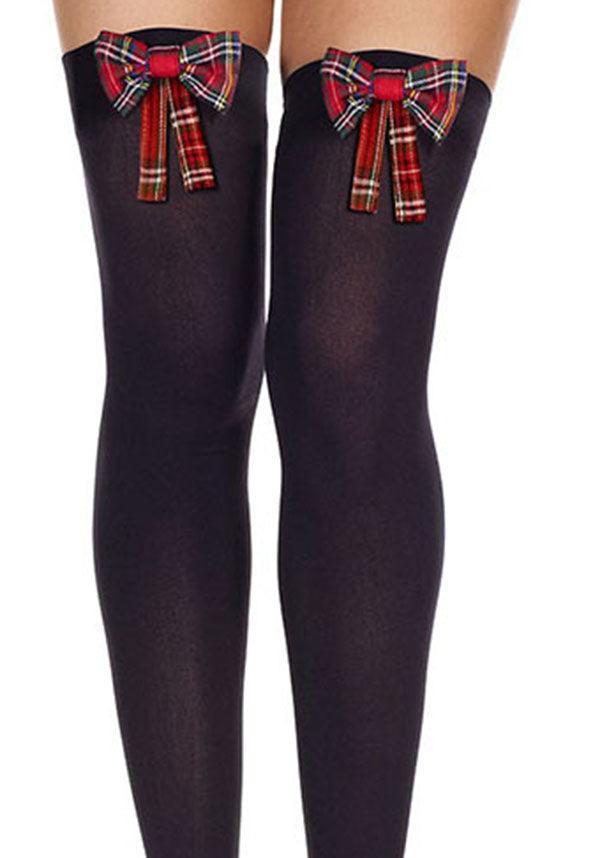 Plaid Bow [Black] | THIGH HIGHS - Beserk - all, all clothing, all ladies, all ladies clothing, black, bravenkrazy, burlesque, checkered, clickfrenzy15-2023, cosplay, cpgstinc, discountapp, fp, halloween, halloween costume, hosiery, hosiery and socks, jun20, ladies, lingerie, plaid, red, red and black, rock, sexy, stockings, tartan, thigh high, women