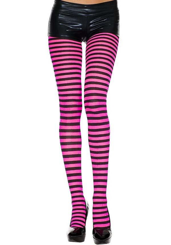 Striped [Black/Hot Pink] | TIGHTS* - Beserk - all, all clothing, beserkstaple, black, bravenkrazy, bright, clickfrenzy15-2023, costume, cpgstinc, derby, derby hosiery, discountapp, edgy, eofy2023, eofy2023monday19-20, hosiery, hosiery and socks, ladies, ladies clothing, mar19, music legs, pantyhose, pink, plus, plus size, roller derby, rollerderby, sale, stockings, stripe, striped, stripes, stripey, tights
