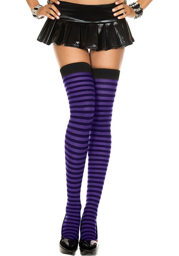 Striped [Black/Purple] | THIGH HIGHS^ - Beserk - all, all clothing, all ladies, all ladies clothing, aug19, backorder, black, bravenkrazy, clickfrenzy15-2023, cosplay, cpgstinc, derby hosiery, discountapp, emo, fp, halloween, halloween clothing, hosiery, hosiery and socks, ladies, ladies clothing, long, music legs, purple, socks, stripe, striped, stripes, stripey, thigh high
