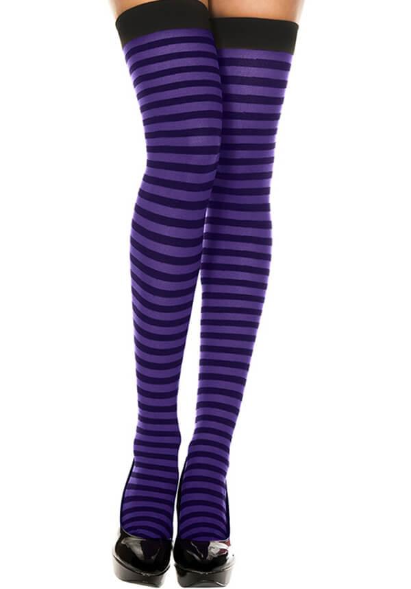 Striped [Black/Purple] | THIGH HIGHS^ - Beserk - all, all clothing, all ladies, all ladies clothing, aug19, backorder, black, bravenkrazy, clickfrenzy15-2023, cosplay, cpgstinc, derby hosiery, discountapp, emo, fp, halloween, halloween clothing, hosiery, hosiery and socks, ladies, ladies clothing, long, music legs, purple, socks, stripe, striped, stripes, stripey, thigh high