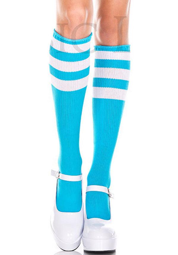 Triple Stripe [Neon Blue/White] | KNEE HIGH SOCKS* - Beserk - all, all clothing, blue, bravenkrazy, clickfrenzy15-2023, clothing, cosplay, cpgstinc, derby, derby hosiery, discountapp, eofy2023, eofy2023monday19-20, high socks, hosiery, hosiery and socks, knee high socks, ladies, ladies clothing, ladies socks, lastonesale, long socks, mar20, music legs, neon, roller derby, rollerderby, sale, socks, striped, stripes, stripey