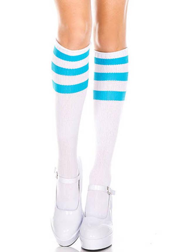Triple Stripe [White/Neon Blue] | KNEE HIGH SOCKS* - Beserk - all, all clothing, all ladies, all ladies clothing, blue, bravenkrazy, clickfrenzy15-2023, cosplay, cpgstinc, derby, derby hosiery, discountapp, edgy, eofy2023, eofy2023monday19-20, high socks, hosiery, hosiery and socks, kawaii, knee high, knee high socks, lastonesale, long socks, neon, R200920, repriced290422, roller derby, rollerderby, sale, sep20, socks, stripe, striped, stripes, stripey, white
