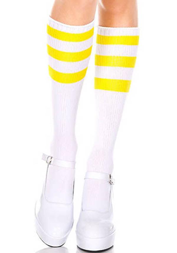 Triple Stripe [White/Neon Yellow] | KNEE HIGH SOCKS^ - Beserk - all, all clothing, all ladies, all ladies clothing, backorder, beserkstaple, bravenkrazy, clickfrenzy15-2023, clothing, cosplay, cpgstinc, derby, derby hosiery, discountapp, fp, high socks, hosiery, hosiery and socks, knee high, knee high socks, ladies, ladies clothing, long socks, R200920, roller derby, rollerderby, sep20, socks, stripe, striped, stripes, stripey, white, yellow