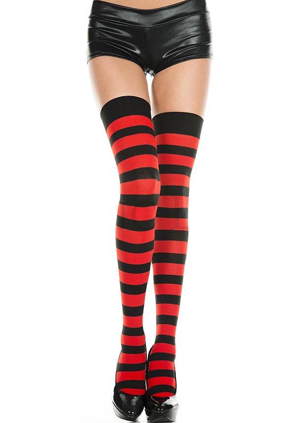 Wide Stripe [Black/Red] | THIGH HIGHS - Beserk - all, all clothing, all ladies, all ladies clothing, aug18, black, bravenkrazy, christmas clothing, clickfrenzy15-2023, clothing, cosplay, cpgstinc, derby hosiery, discountapp, edgy, fp, goth, gothic, hosiery, hosiery and socks, ladies, ladies clothing, long, music legs, opaque, red, red and black, roller derby, striped, stripes, stripey, thigh high