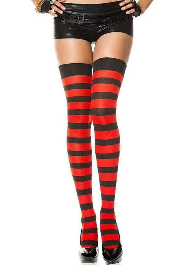 Wide Stripe [Black/Red] | THIGH HIGHS - Beserk - all, all clothing, all ladies, all ladies clothing, aug18, black, bravenkrazy, christmas clothing, clickfrenzy15-2023, clothing, cosplay, cpgstinc, derby hosiery, discountapp, edgy, fp, goth, gothic, hosiery, hosiery and socks, ladies, ladies clothing, long, music legs, opaque, red, red and black, roller derby, striped, stripes, stripey, thigh high