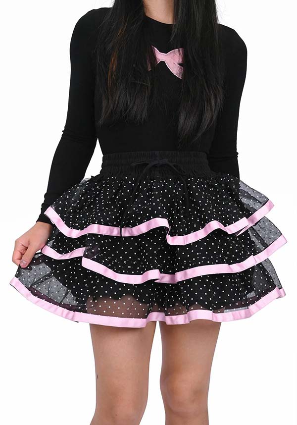 Ribbon Dot Ruffle [Black/Pink] | SKORT