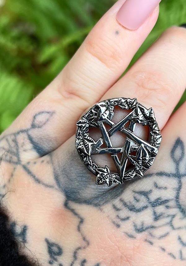 Green Witch Pentacle | RING - Beserk - accessories, all, christmas gift, christmas gifts, clickfrenzy15-2023, dec22, discountapp, fp, gift, gift idea, gift ideas, gifts, googleshopping, goth, gothic, gothic accessories, gothic gifts, jewellery, jewelry, ladies accessories, leaf, mothers day, mothersday, MYSD453, pentacle, R031222, ring, rings, silver, valentines gifts, witchy