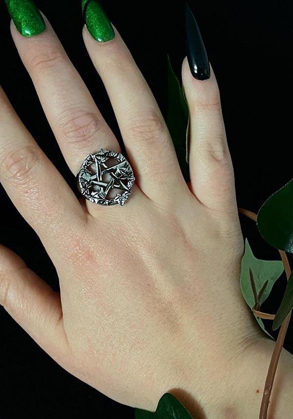 Green Witch Pentacle | RING - Beserk - accessories, all, christmas gift, christmas gifts, clickfrenzy15-2023, dec22, discountapp, fp, gift, gift idea, gift ideas, gifts, googleshopping, goth, gothic, gothic accessories, gothic gifts, jewellery, jewelry, ladies accessories, leaf, mothers day, mothersday, MYSD453, pentacle, R031222, ring, rings, silver, valentines gifts, witchy